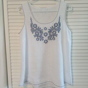 JJill 100% White linen tank with blue floral embroidery.   Size small.
